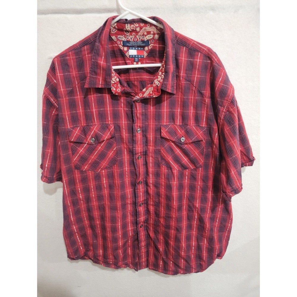 Tommy Hilfiger Tommy Jeans Plaid Shirt XXL Red Blue Shimmer‎ Western Vintage